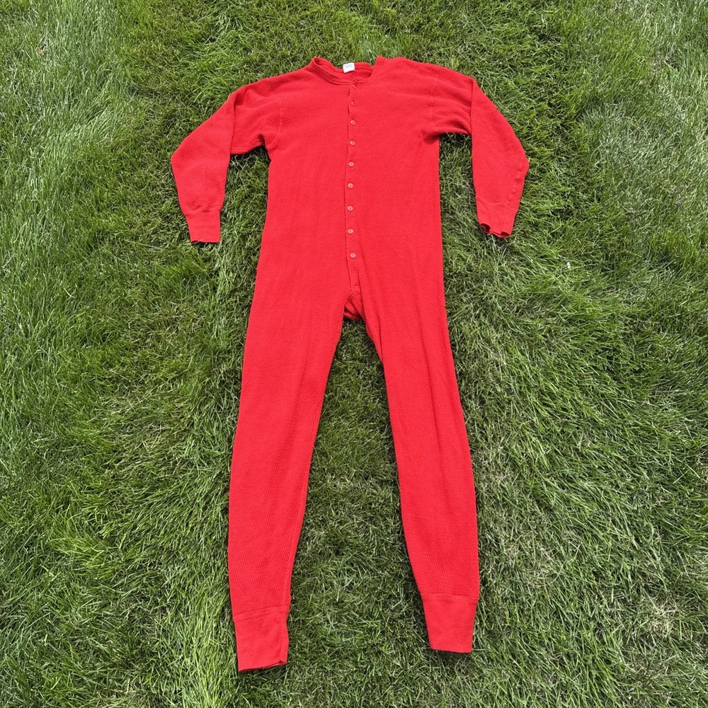 VTG JE Morgan Arctex Thermal Union Suit XL Red Waffle Knit Long Johns One Piece